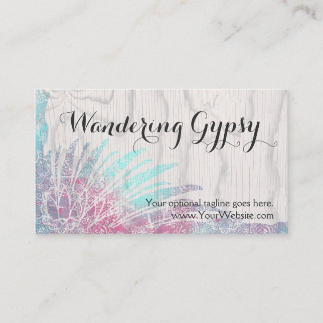 Bohemian Gypsy Feathers on Rustic Wood Boho Chic Business Card (Front)