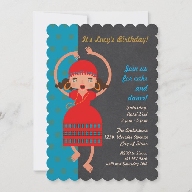 Bohemian Gyspsy Dancing Girl birthday party Invitation (Front)