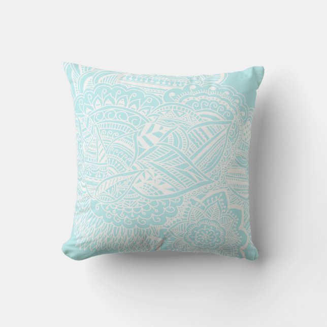 Bohemian Hand Drawn Doodle Mint Blue Throw Pillow (Front)