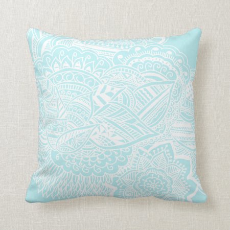 Bohemian Hand Drawn Doodle Mint Blue Throw Pillow