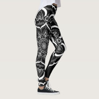 Bohemian Hand Drawn Mandala Black White Leggings