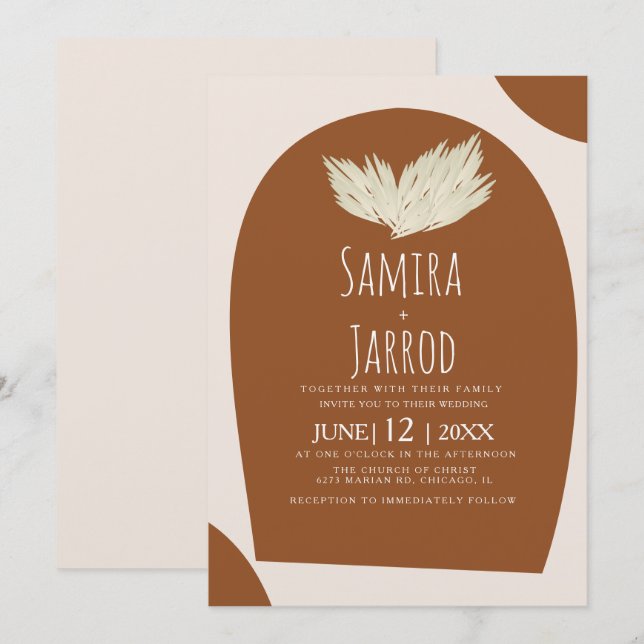 Bohemian Hand Drawn Natural Arch Pampas Wedding Invitation (Front/Back)