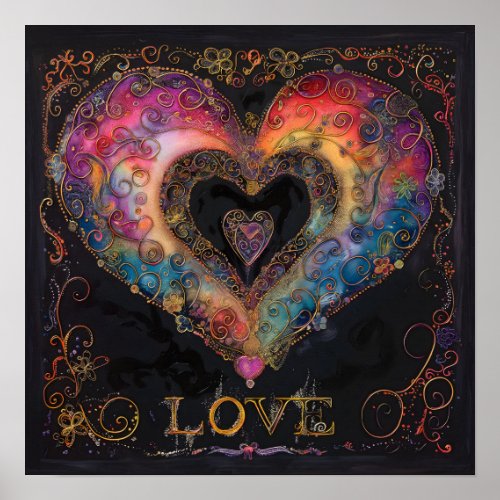 Bohemian Heart Rainbow Gold Black Matte Boho Art Poster