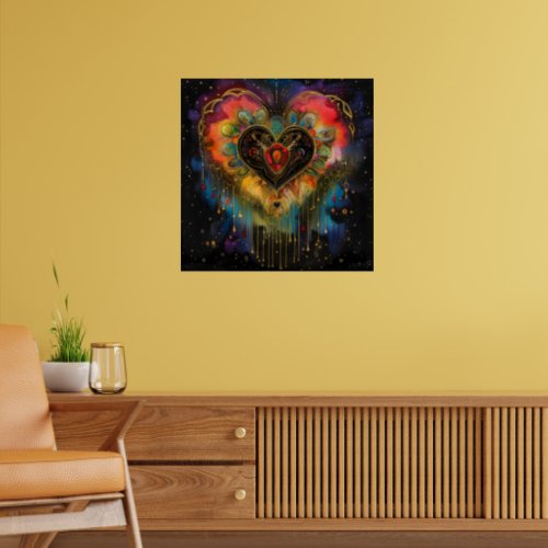 Bohemian Heart Rainbow Gold Black Matte Boho Art Poster