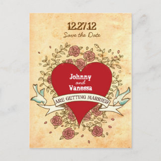 Bohemian Heart, Roses, Birds, & Banner Wedding Announcement Postcard