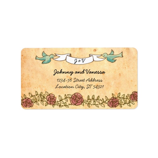 Bohemian Heart, Roses, Birds, & Banner Wedding Label (Front)