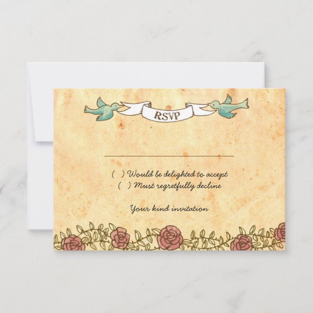 Bohemian Heart, Roses, Birds, & Banner Wedding RSVP Card (Front)