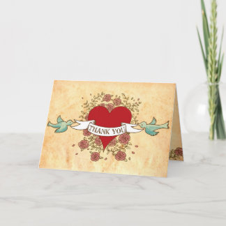 Bohemian Heart, Roses, Birds, & Banner Wedding Thank You Card