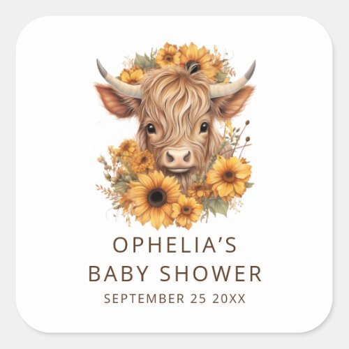 Bohemian Highland Cow Sunflowers Baby Shower Square Sticker