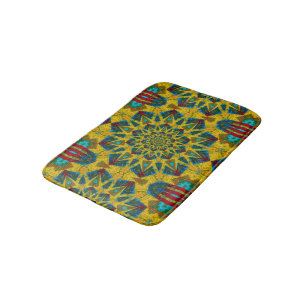 Bohemian Hippie Blue Yellow Floral Ethnic Tribal Bath Mat