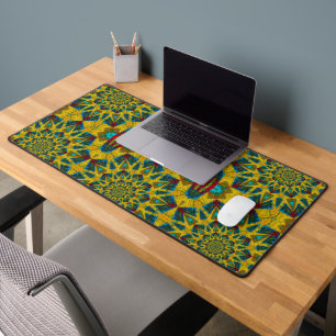Bohemian Hippie Blue Yellow Floral Ethnic Tribal Desk Mat