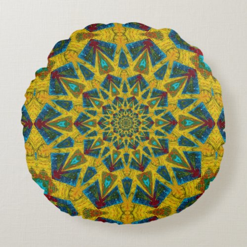   Bohemian Hippie Blue Yellow Floral Ethnic Tribal Round Pillow
