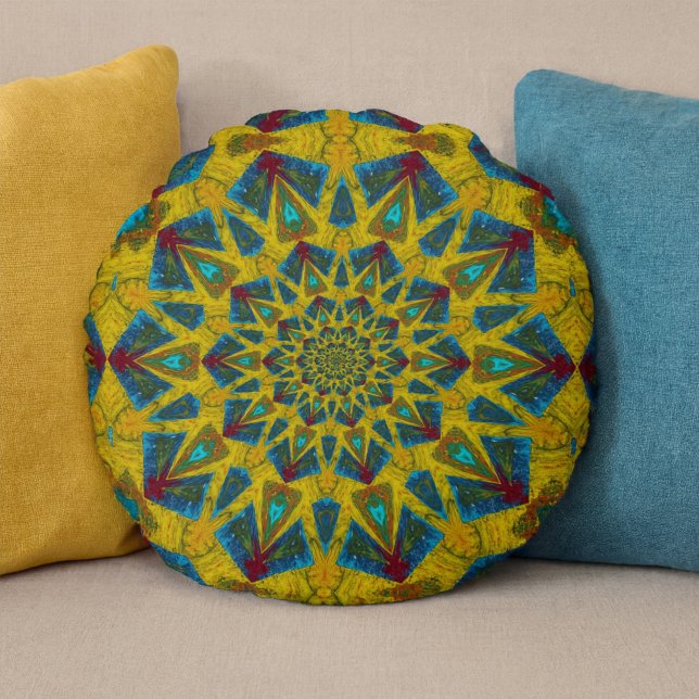   Bohemian Hippie Blue Yellow Floral Ethnic Tribal Round Pillow (Creator Uploaded)