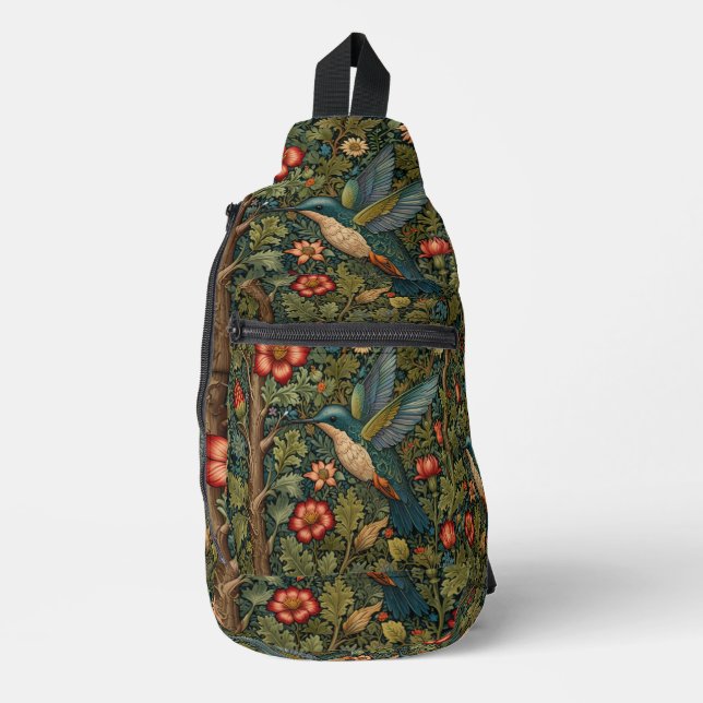 Bohemian hummingbird art boho chic botanical sling bag (Front)