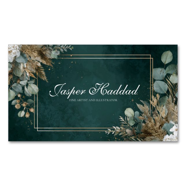 Bohemian Hunter Green Gold Botanical Frame Business Card Magnet (Front)