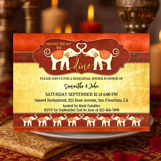 Bohemian Indian Elephants Rehearsal Dinner Invitation (Rehearsal dinner invitation featuring a pair of ivory elephants in an Indian terra cotta colors)