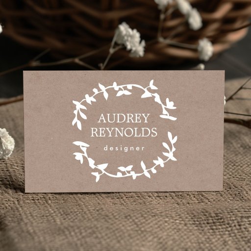 Customizable BOHEMIAN LEAF WREATH LOGO Tan Kraft Paper Effect Business Card Template