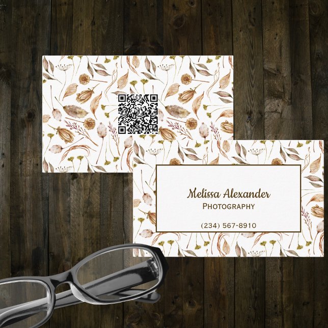 Bohemian Leaves with QR Code  Business Card (Creator Uploaded)