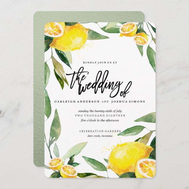 Bohemian Lemon and Leaves Wedding Invitation (Front/Back)