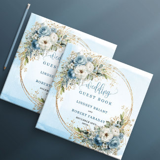 Bohemian Light Blue Floral Gold Glitter Guest Book
