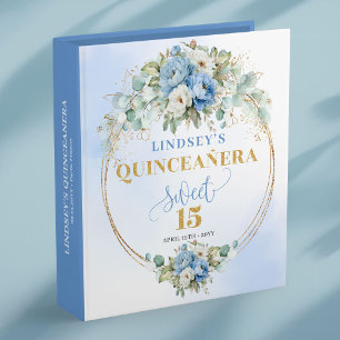 Bohemian Light Blue Floral Gold Quince Photo Book 3 Ring Binder