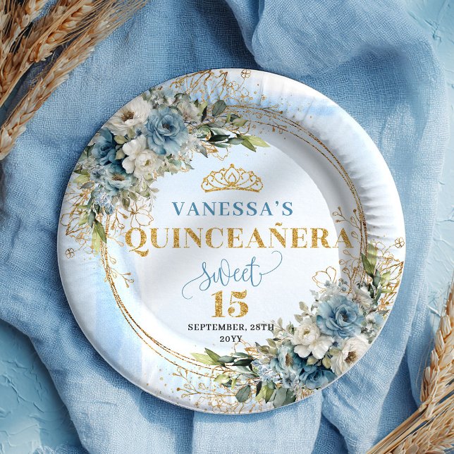 Bohemian Light Blue Floral Greenery Gold Glitter  Paper Plates (Bohemian Light Blue Floral Greenery Gold Glitter Plates)