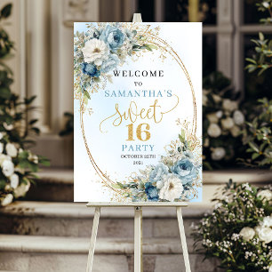 Bohemian Light Blue Floral Sweet 16 Welcome Board Poster