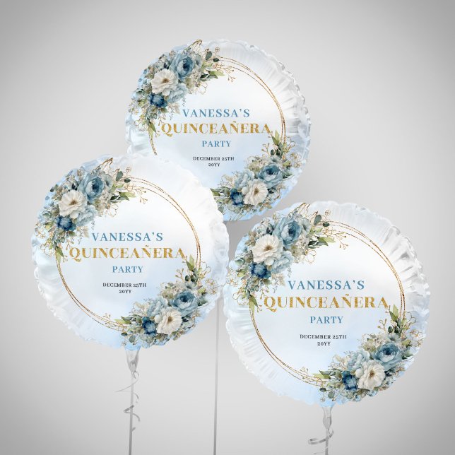 Bohemian Light Blue Flowers Gold Balloon (Bohemian Light Blue Flowers Gold Balloon)