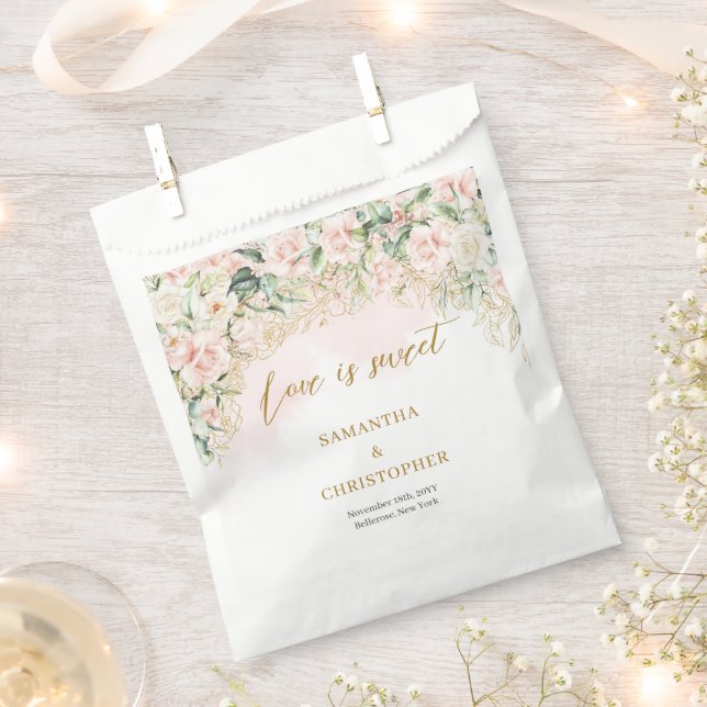 Bohemian light pink roses eucalyptus gold wedding favor bag (Clipped)