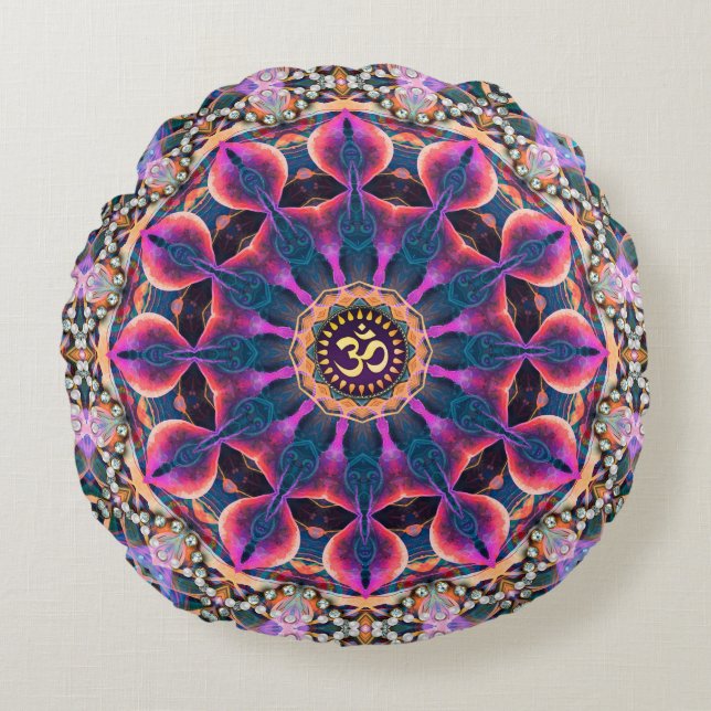 Bohemian Magic Mandala OM Yoga Round Cushion (Front)