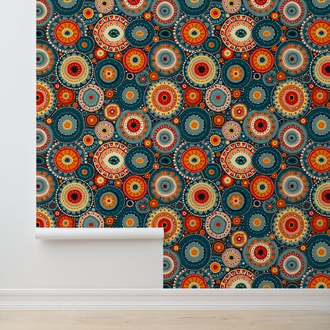 Bohemian Mandala Circles | Retro Folk Art Pattern Wallpaper (Application)