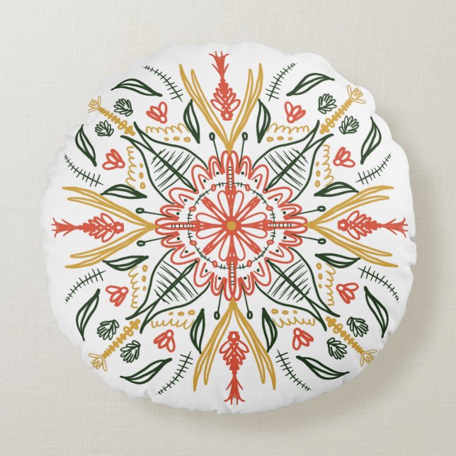 Bohemian Mandala Colorful Botanical Greenery Round Pillow (Front)