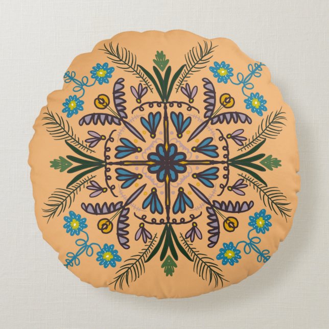 Bohemian Mandala Colorful Botanical Orange Round Pillow (Front)