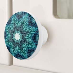 Bohemian Mandala Floral Pattern Turquoise Teal Ceramic Knob