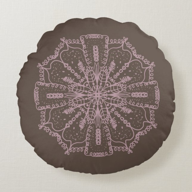 Bohemian Mandala Hand Drawn Brown and Blush Pink Round Pillow (Front)