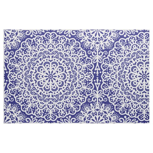 Bohemian Mandala White Lace on Blue Jewel Tone Fabric