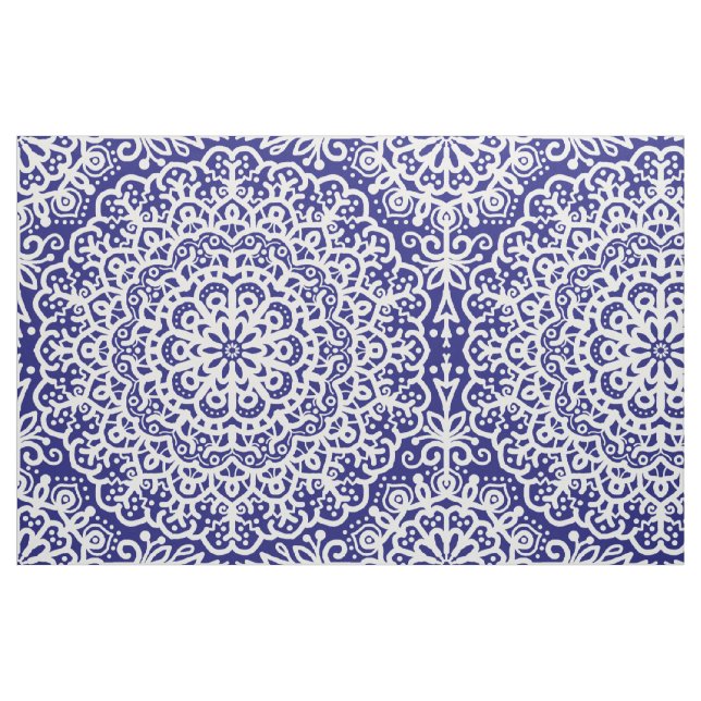 Bohemian Mandala White Lace on Blue Jewel Tone Fabric (Fat Quarter)