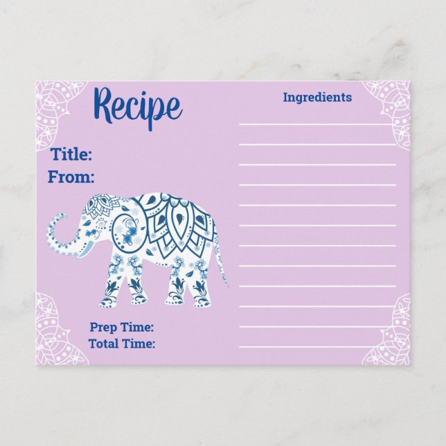 Bohemian Mandalas & Lotus Elephant Recipe Postcard (Front)