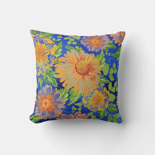 Bohemian Marigold Cobalt Mint Spring Garden Throw Pillow