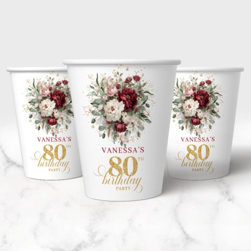 Bohemian Marsala Floral 80th Birthday Paper Cups
