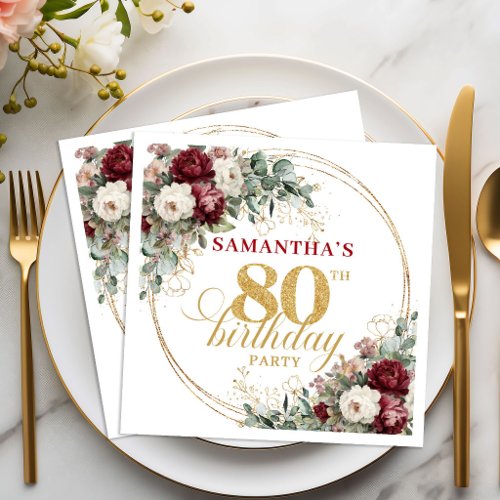 Bohemian Marsala Floral Gold 80th Birthday Napkins