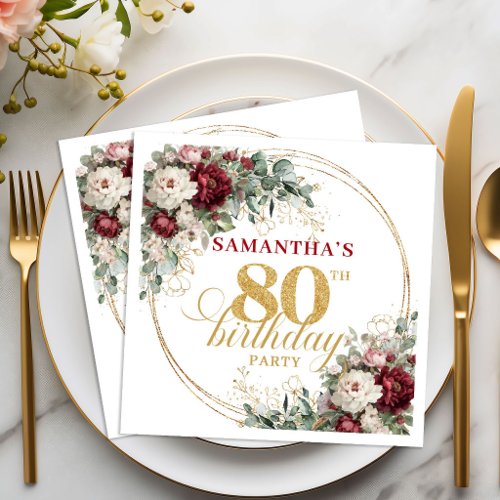 Bohemian Marsala Floral Gold 80th Birthday Napkins