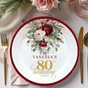 Bohemian Marsala Floral Gold 80th Birthday Paper Plates
