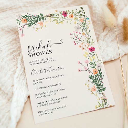 Bohemian meadow wild flowers spring bridal shower invitation