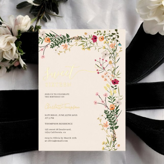 Bohemian meadow wild flowers spring sweet 16 foil invitation (Bohemian meadow wild flowers spring sweet 16 foil invitation)