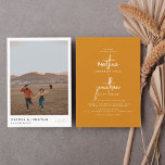 Bohemian Minimalist Mustard Bohemian Photo Wedding Invitation<br><div class="desc">Minimalist mustard bohemian wedding invitations. This simple, modern design features your engagement photo on the front of the page, with the couple's names aligned to the bottom on the left and their marriage date in stylish signature-style handwriting. These cards reverse to the invitation details in a beautiful typography layout. The...</div>