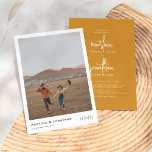 Bohemian Minimalist Mustard Bohemian Photo Wedding Invitation<br><div class="desc">Minimalist mustard bohemian wedding invitations. This simple, modern design features your engagement photo on the front of the page, with the couple's names aligned to the bottom on the left and their marriage date in stylish signature-style handwriting. These cards reverse to the invitation details in a beautiful typography layout. The...</div>