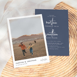 Bohemian Minimalist Navy Blue Simple Photo Wedding Invitation