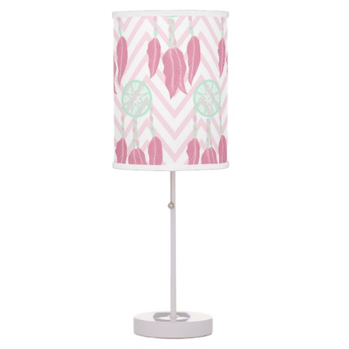 Bohemian Mint Pink Beaded Dreamcatcher Chevron Tab Table Lamp