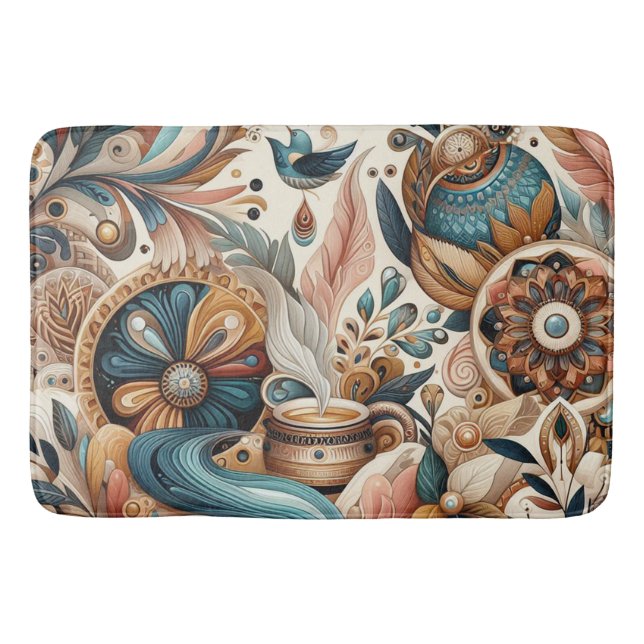 Bohemian mix of teal, magenta,purple flowers bath mat (Front)